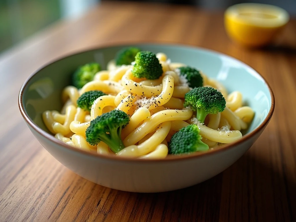 Bowl of easy 20-minute broccoli pasta with Parmesan and lemon