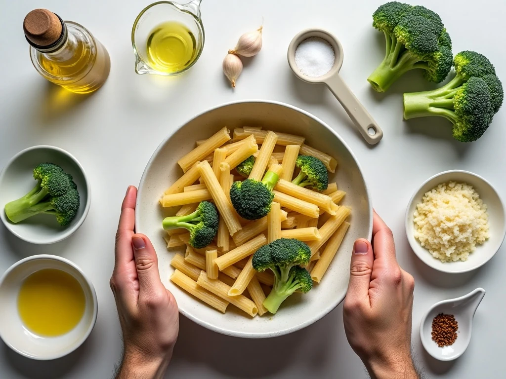 Ingredients for broccoli pasta arranged in a flat lay