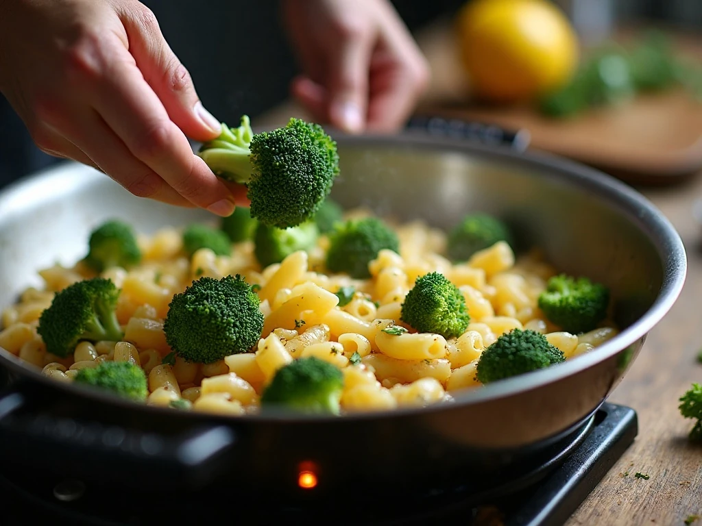 Broccoli being added to pasta water during cooking