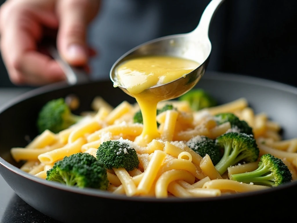 Reserved pasta water being added to broccoli pasta sauce