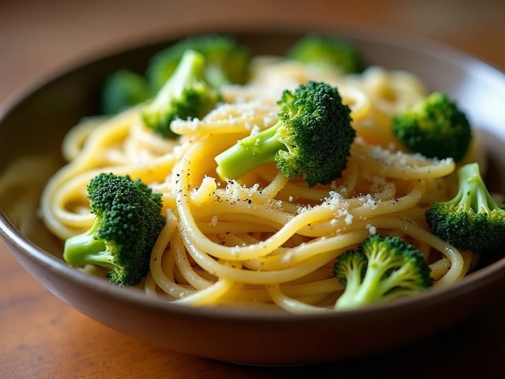 Reheated broccoli pasta finished with Parmesan and olive oil