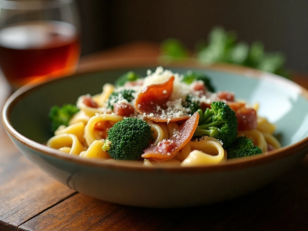 Broccoli rabe and pancetta pasta served in a bowl