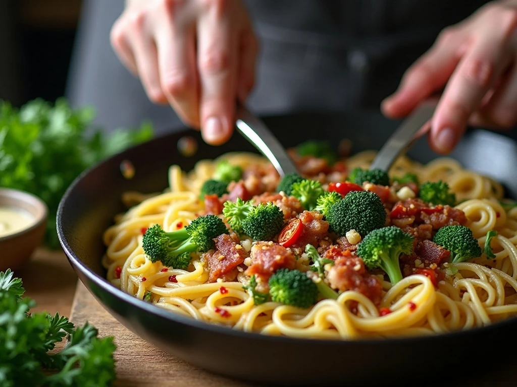 Blanching broccoli rabe and cooking pancetta for pasta