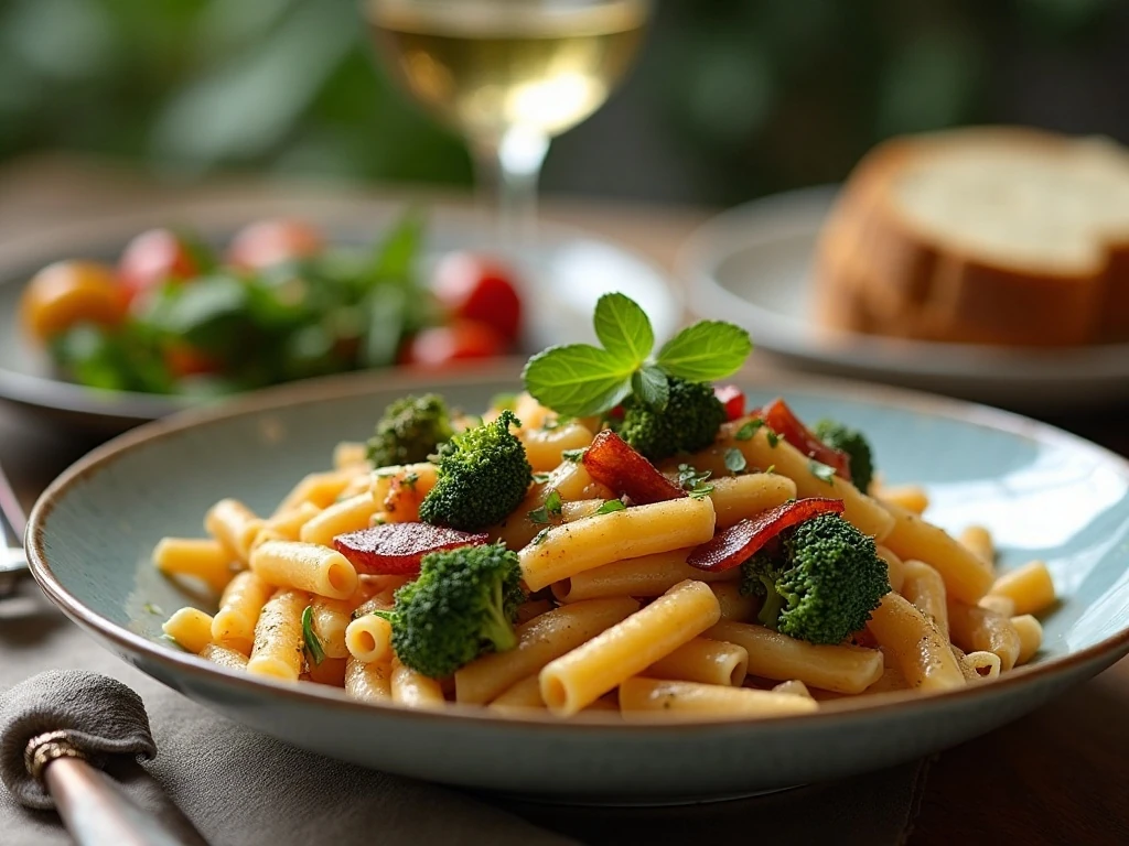 Broccoli rabe pasta dinner with bread and salad