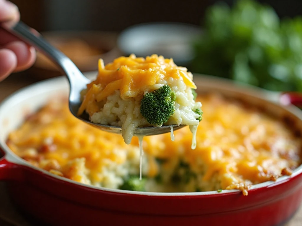 Creamy broccoli rice and cheese casserole served hot