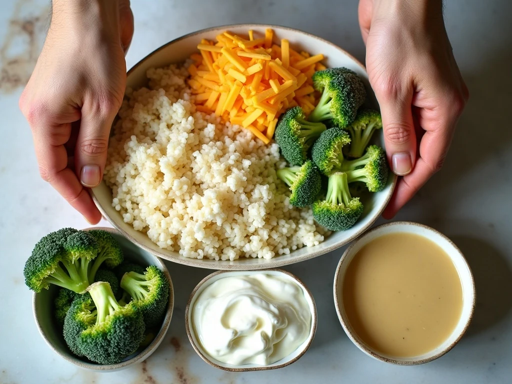 Ingredients for broccoli rice and cheese casserole