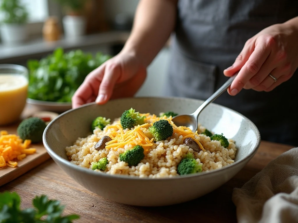 Mixing the creamy broccoli rice casserole filling