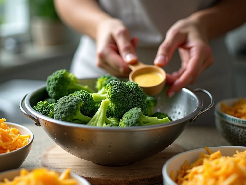 Draining broccoli and preparing cheese for casserole
