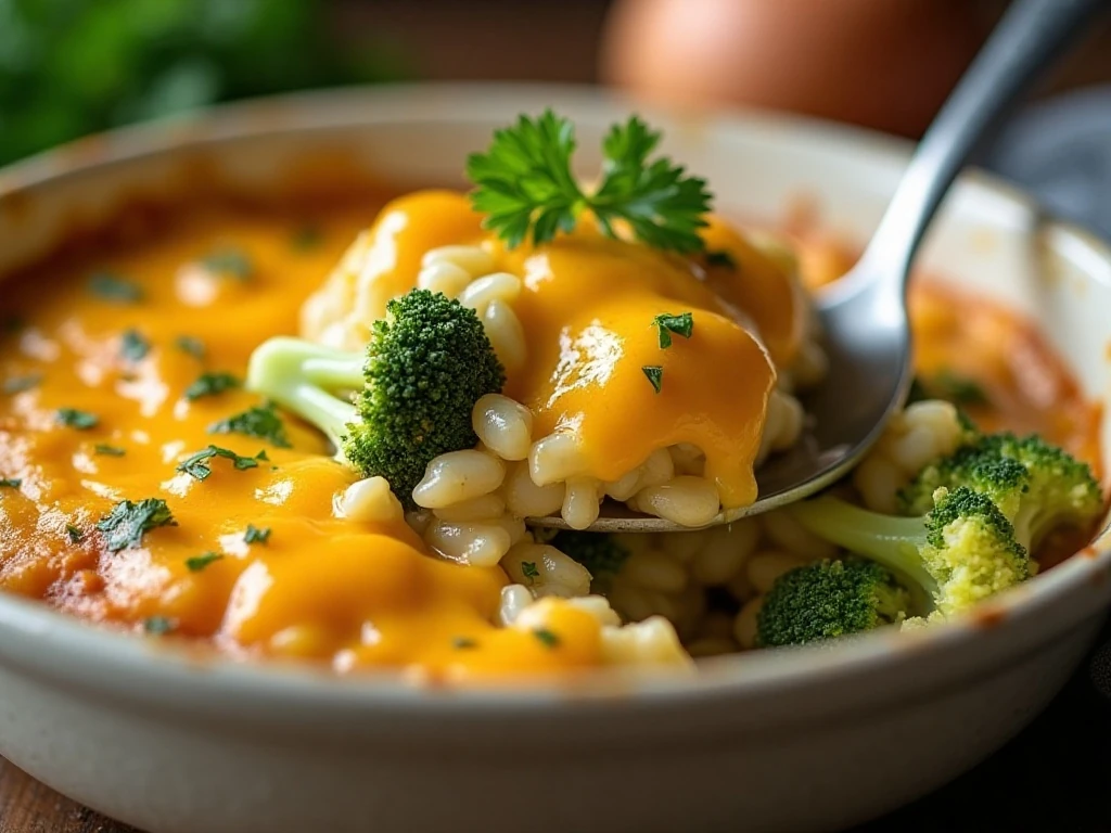 Reheated broccoli rice and cheese casserole with melted cheddar