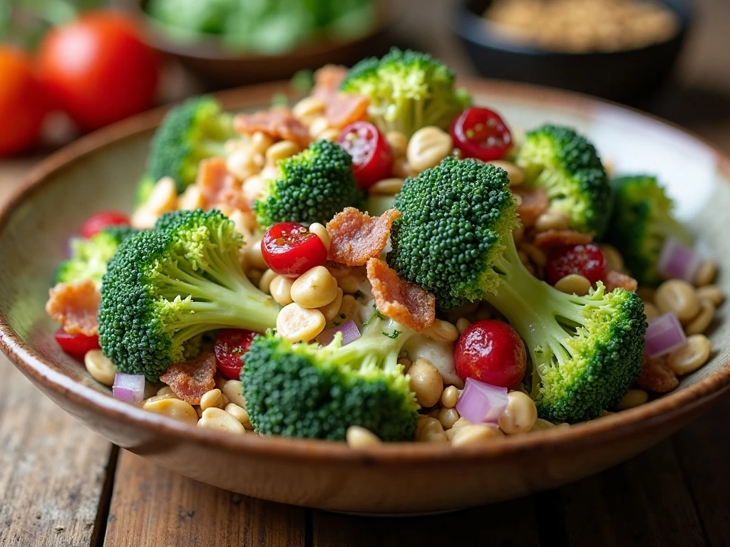 Colorful creamy broccoli salad served in a bowl