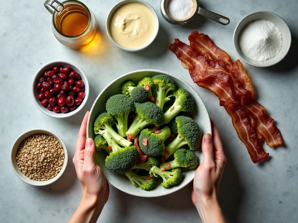 Ingredients for broccoli salad arranged for cooking