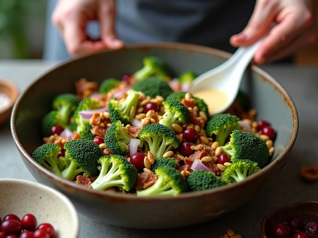 Broccoli salad ingredients being combined in a mixing bowl