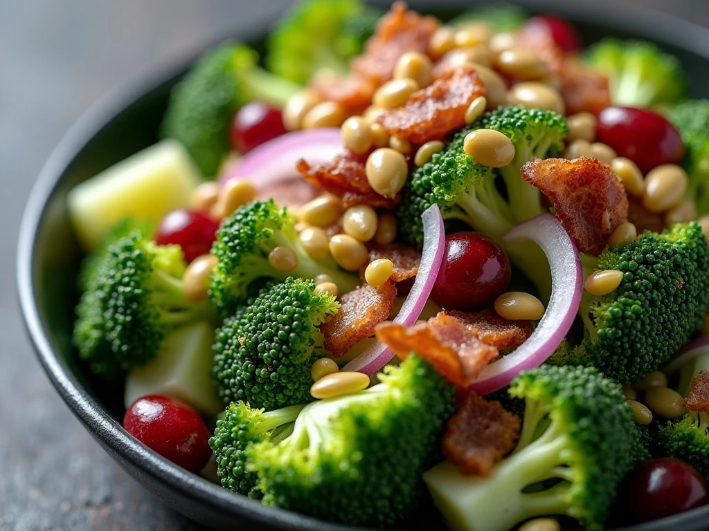 Close-up of crunchy broccoli salad toppings and dressing