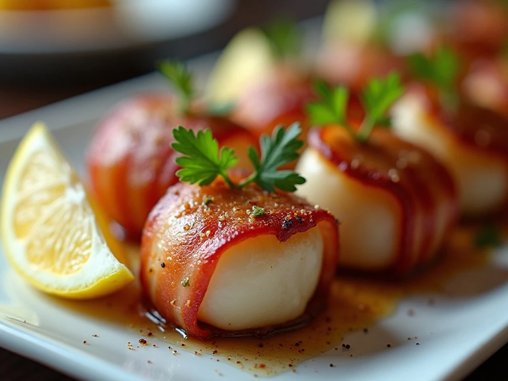 Golden broiled bacon-wrapped scallops served with lemon wedges
