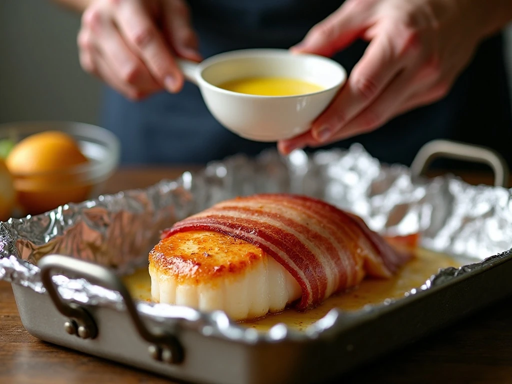Wrapping large scallops with partially cooked bacon
