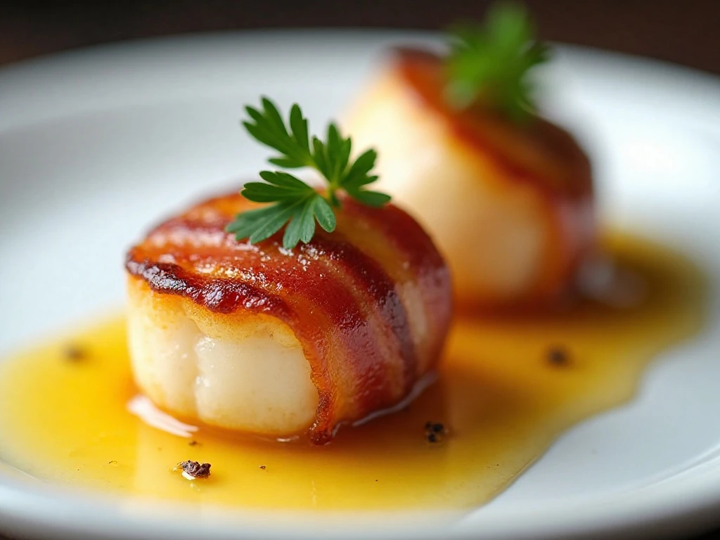Close-up of a garnished bacon-wrapped scallop with lemon