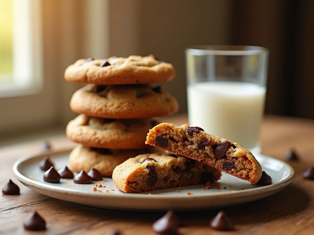 Stack of chewy brown butter chocolate chip cookies with melted chocolate centers