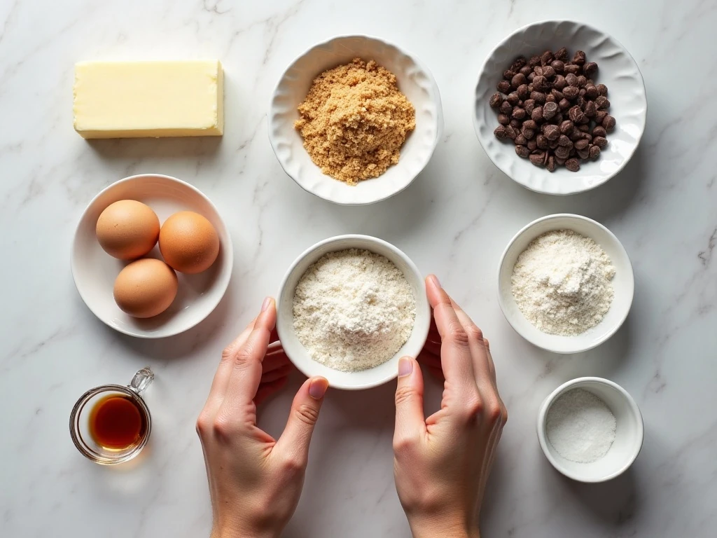 Ingredients for brown butter chocolate chip cookies arranged in a flat lay