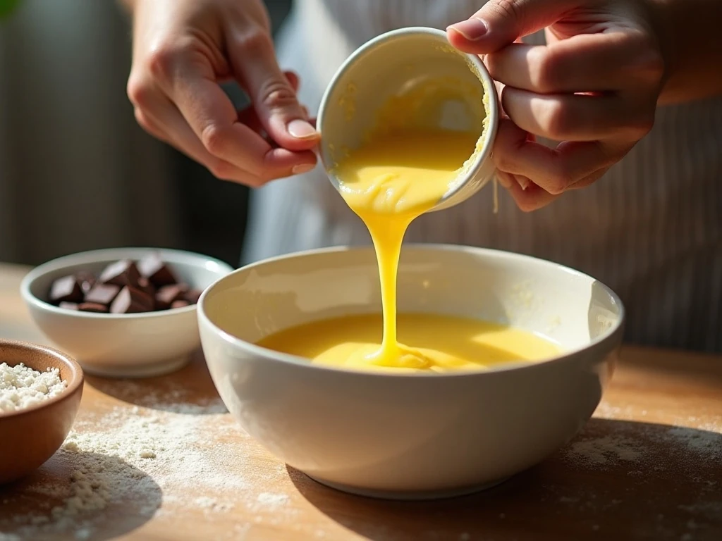 Browned butter being transferred to a bowl for chocolate chip cookie dough