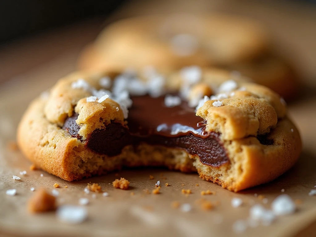 Close-up of a warm chewy chocolate chip cookie finished with flaky sea salt