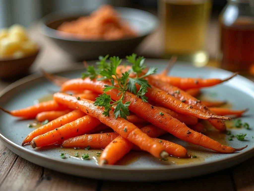 Brown butter garlic honey-roasted carrots served as a colorful dinner side dish