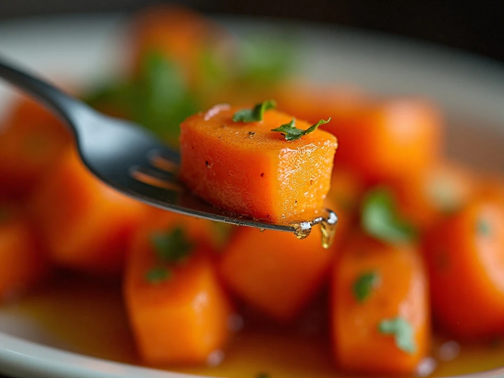 Close-up of tender caramelized roasted carrot with parsley