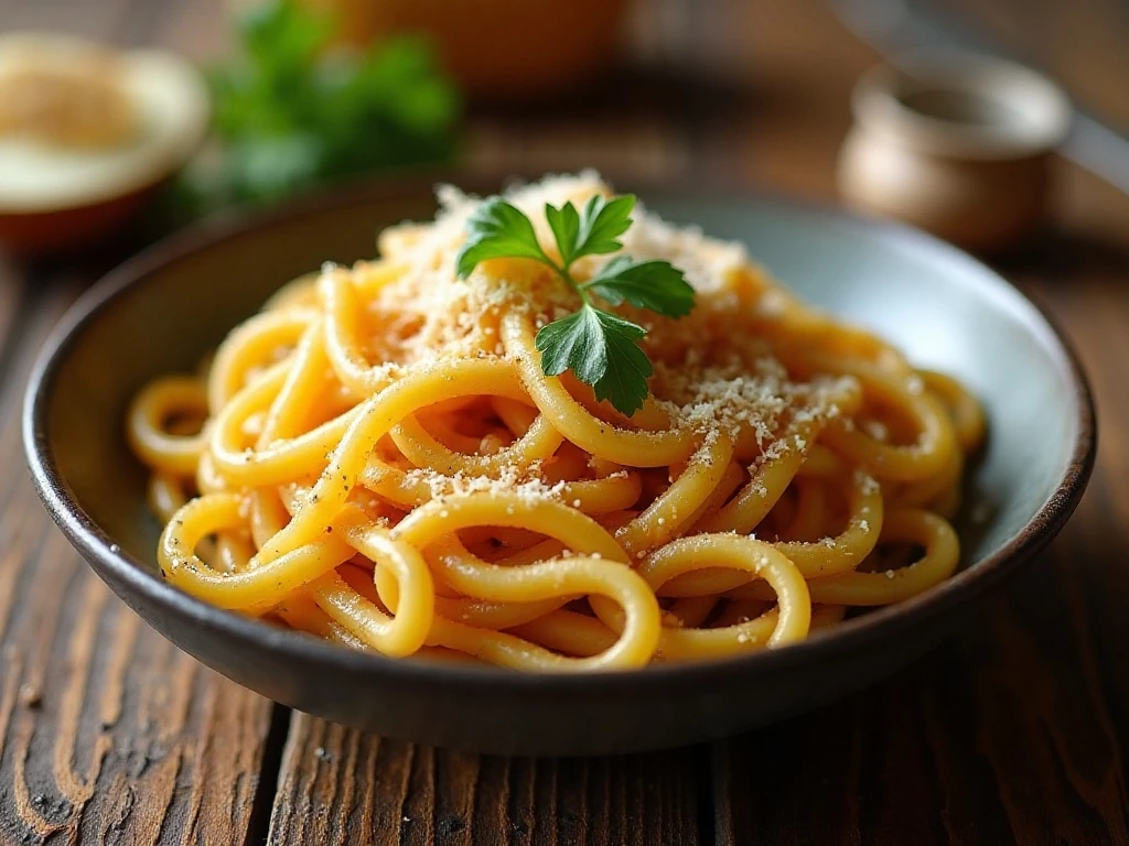 Brown butter garlic noodles served in a bowl with Parmesan and parsley