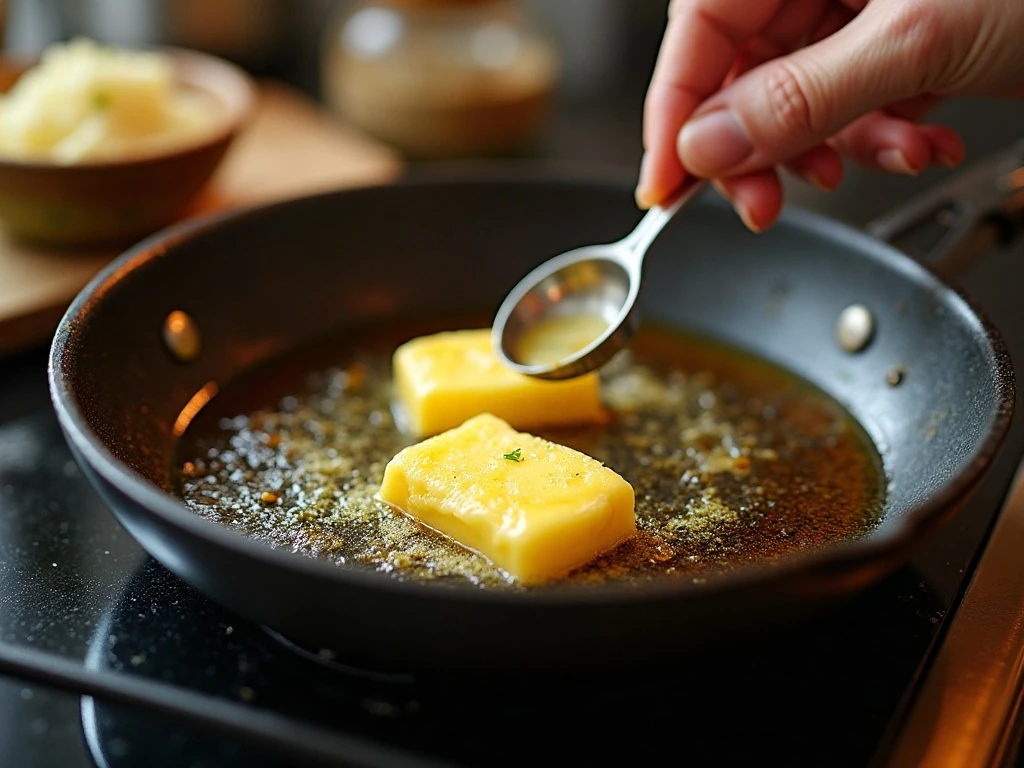Butter browning in a skillet for garlic noodles