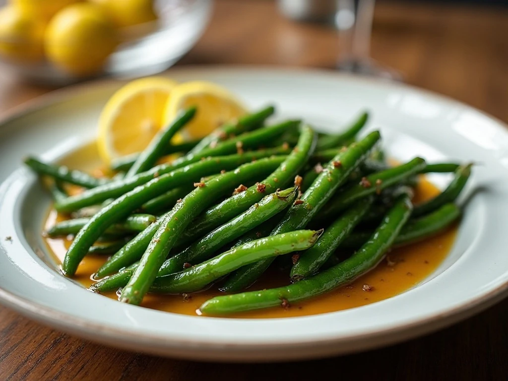 Bright green beans coated in brown butter and ready to serve