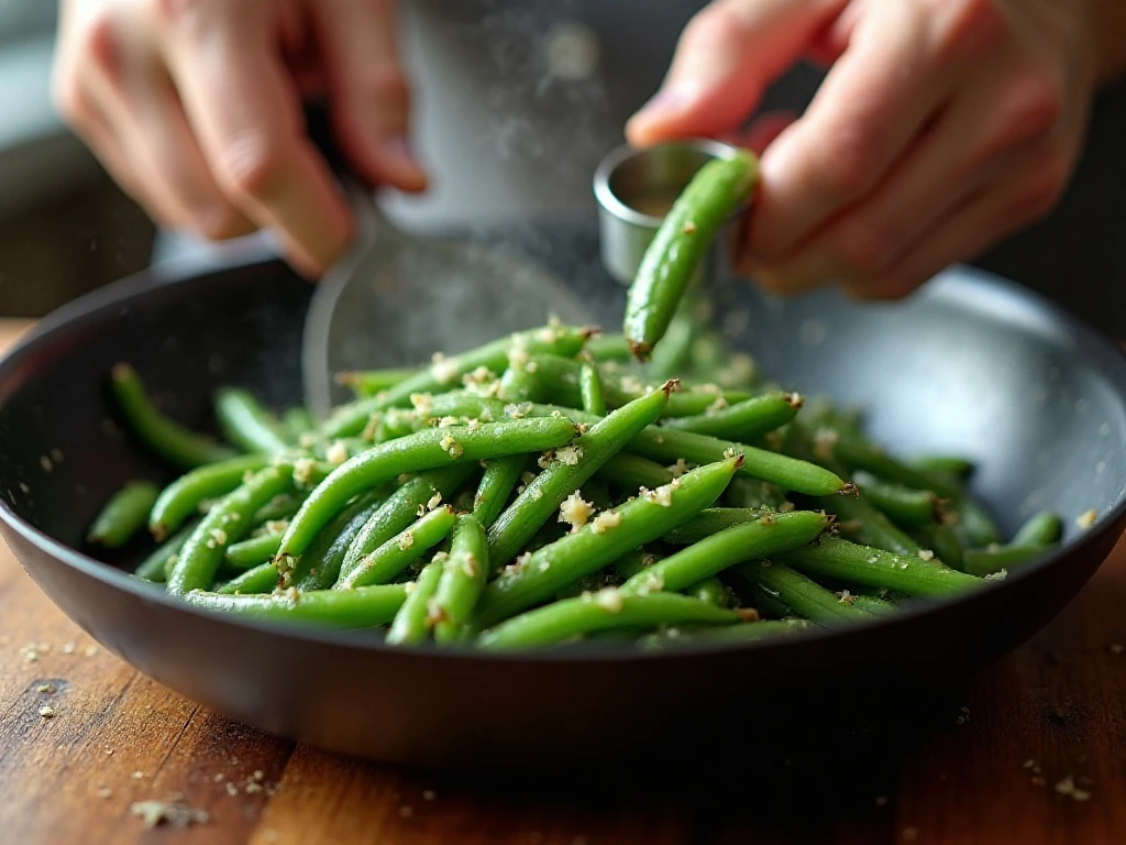 Green beans being tossed with brown butter in a skillet