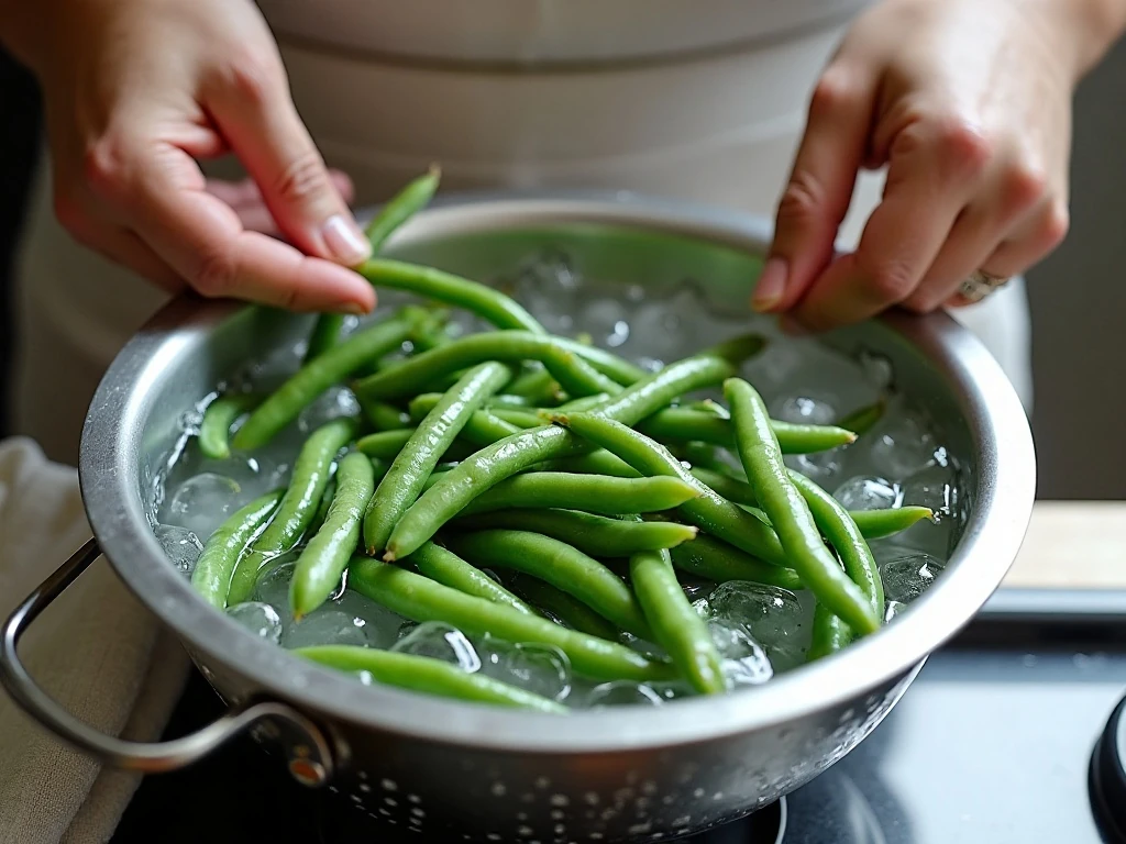 Blanched green beans cooling in an ice-water bath