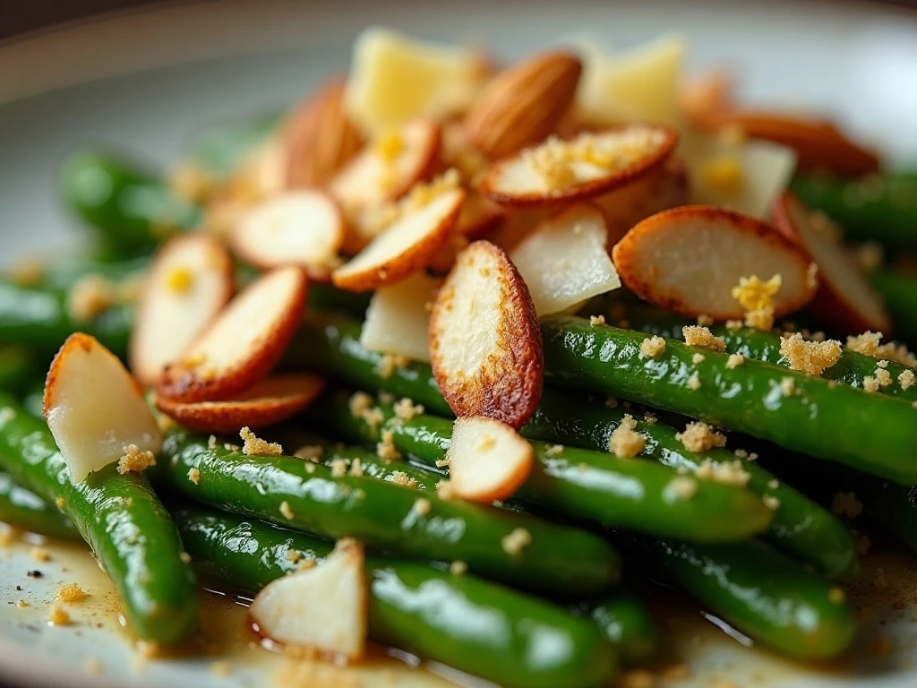 Brown butter green beans topped with almonds Parmesan and lemon zest