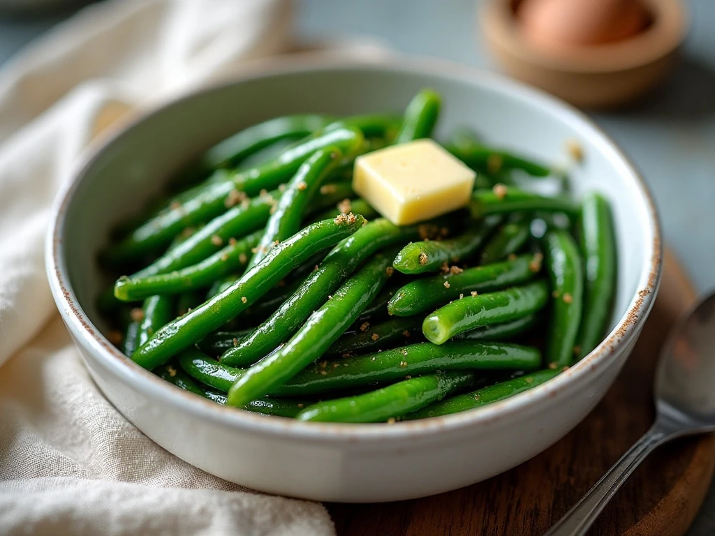 Stored and reheated brown butter green beans served in a dish