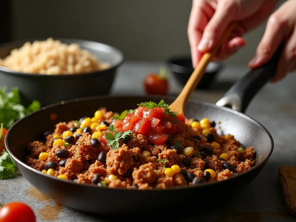 Taco bowl filling cooking in a skillet with beans, corn, and salsa