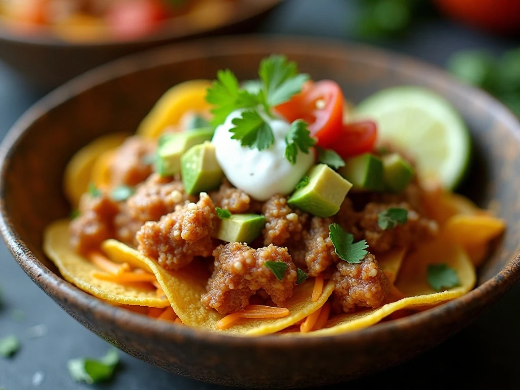 Fresh avocado, tomato, cilantro, cheese, lime, and sour cream toppings on a taco bowl