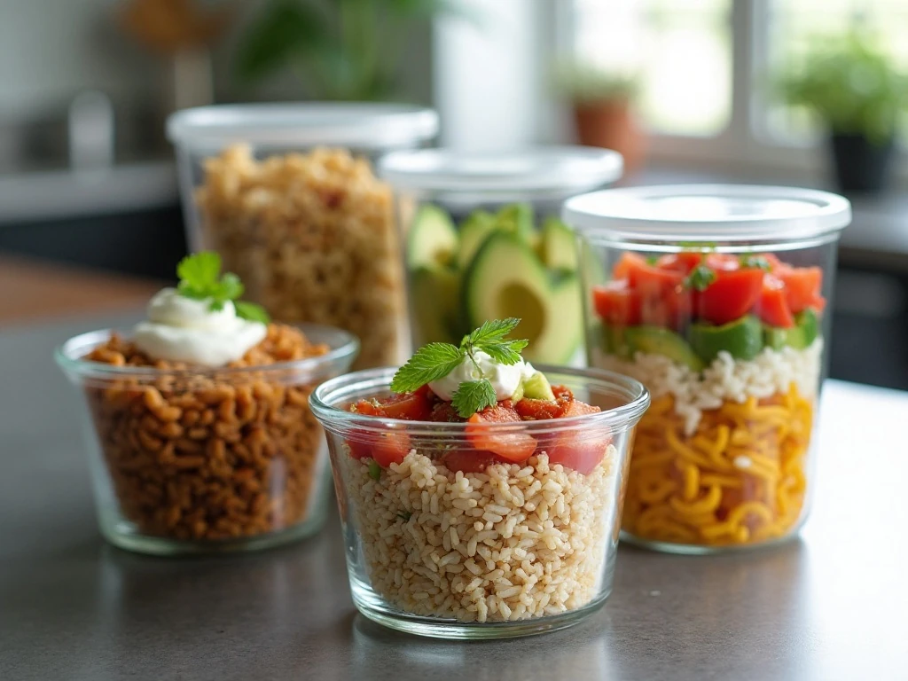 Brown rice taco bowl components prepared separately for meal prep