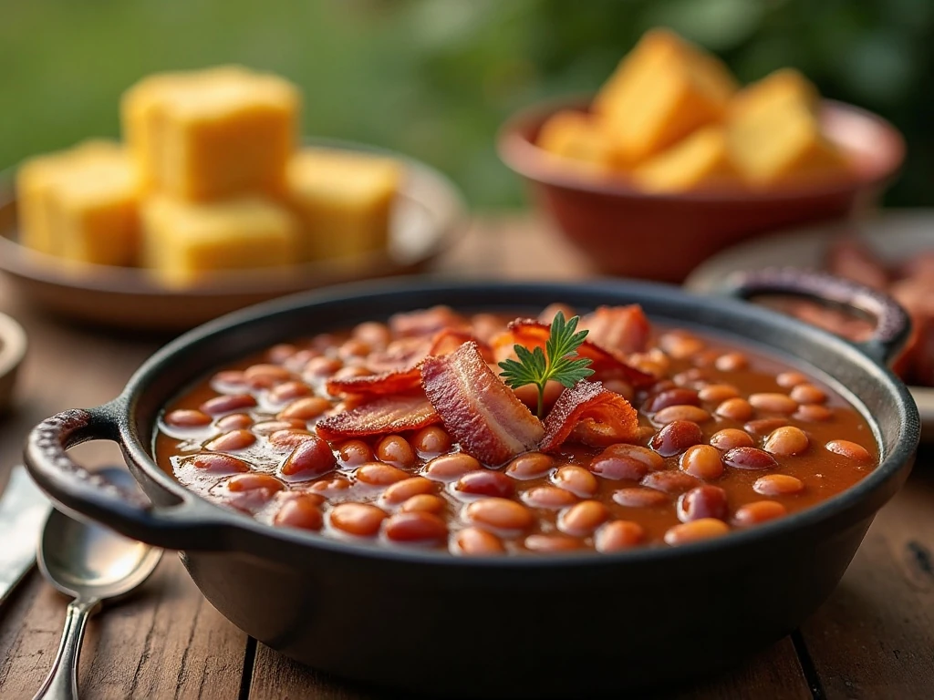 Brown sugar baked beans with bacon served as a family-style side dish