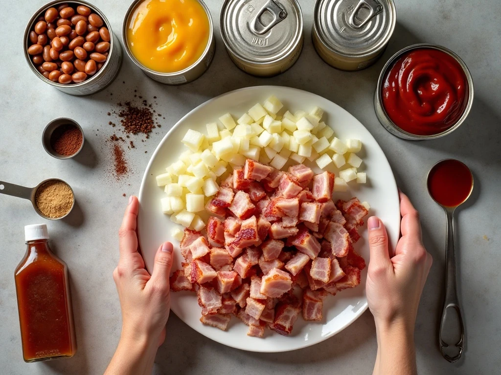 Ingredients for brown sugar baked beans with bacon