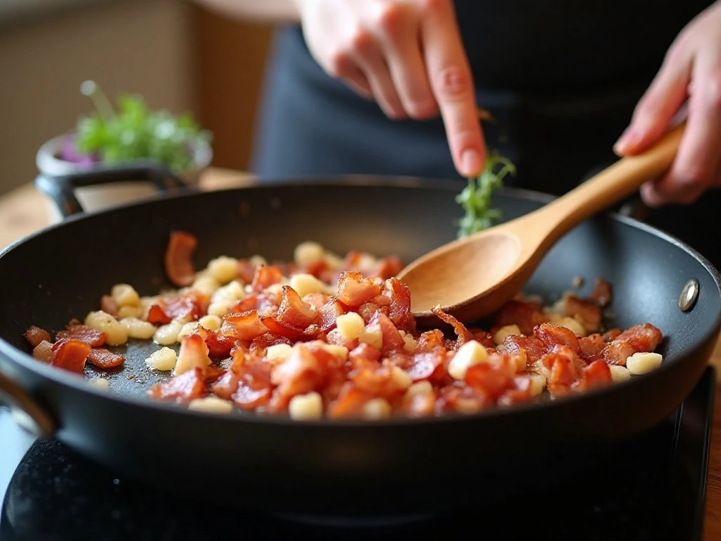 Bacon and onion cooking in a skillet for baked beans