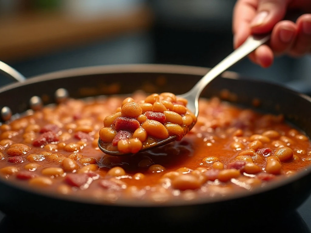 Thick baked bean mixture being stirred before baking