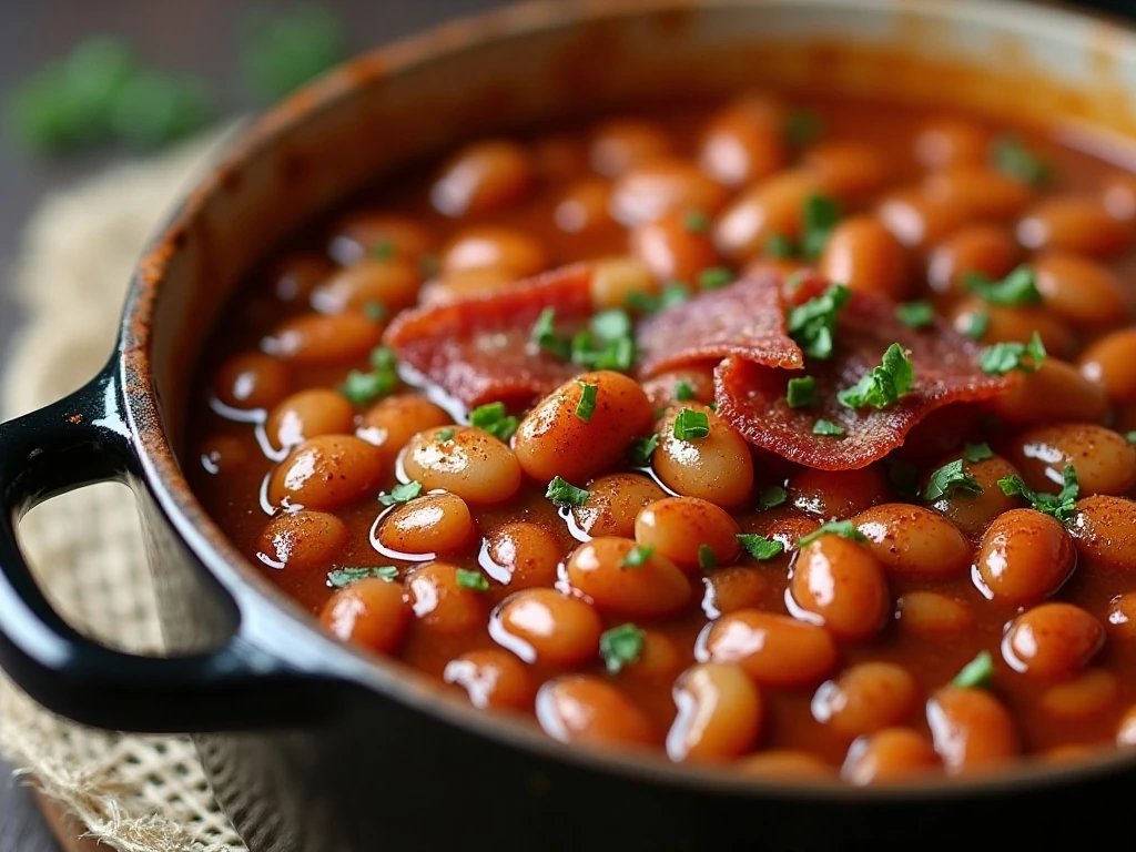 Close-up of finished baked beans with bacon and garnish