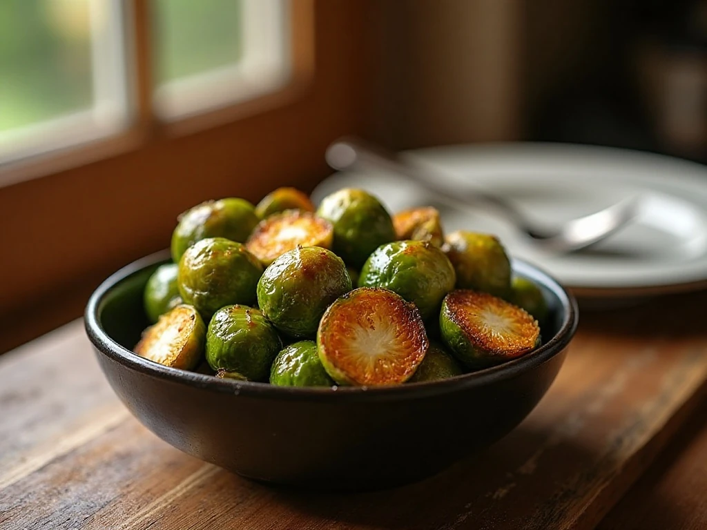 Roasted brown sugar Brussels sprouts in a serving bowl