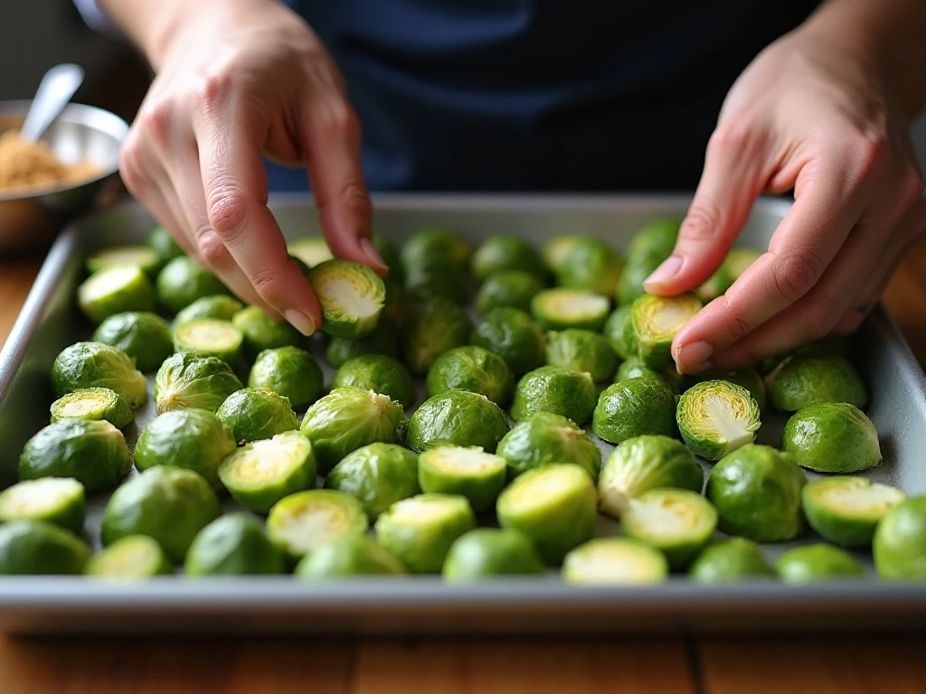 Brussels sprouts arranged cut-side down on a baking sheet