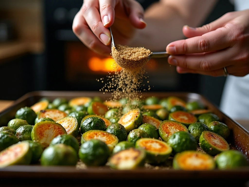 Brown sugar sprinkled over roasted Brussels sprouts