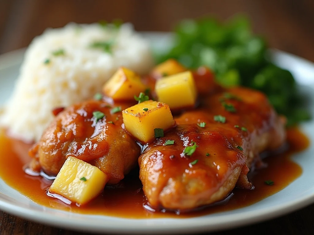 Brown sugar pineapple chicken served with rice and vegetables