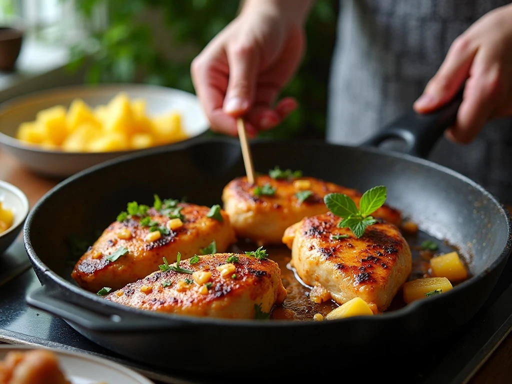 Chicken browning in a skillet before baking with pineapple glaze