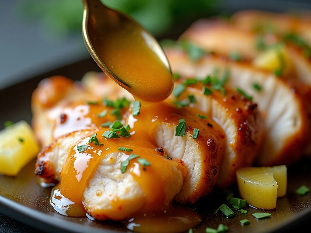 Glossy pineapple glaze coating sliced chicken