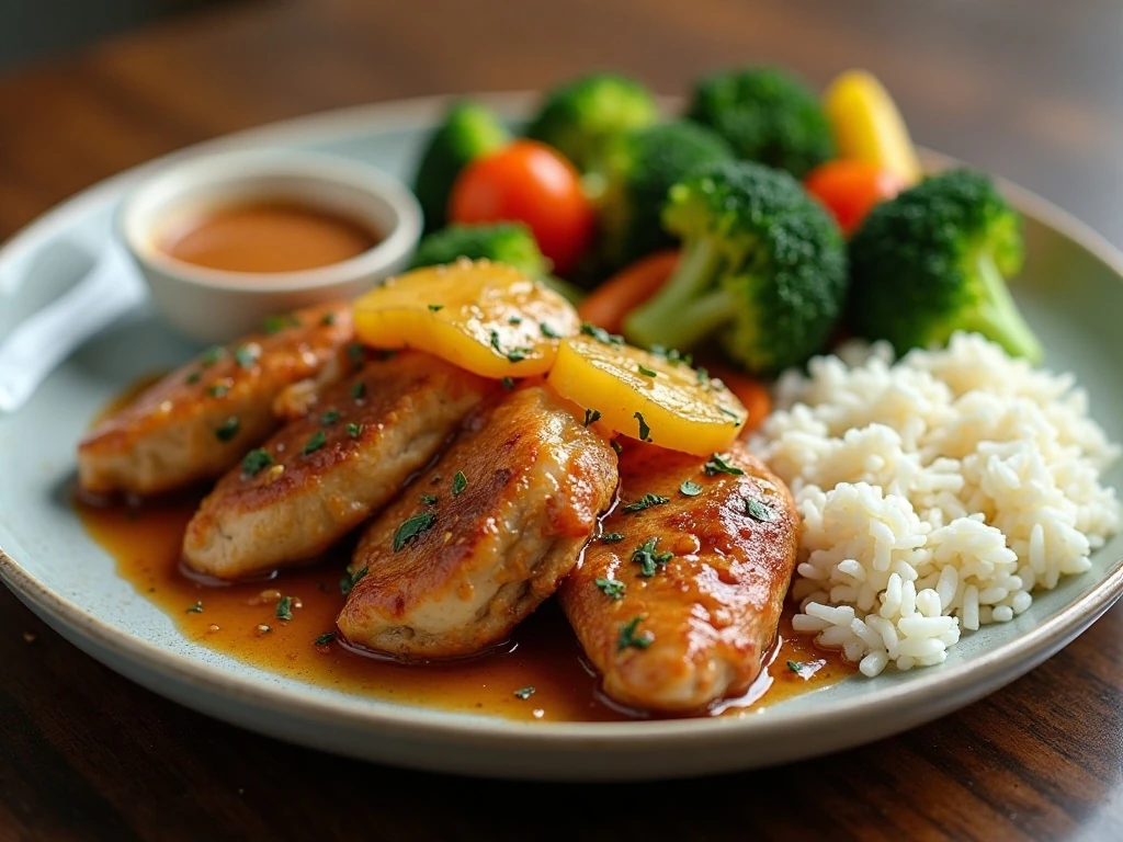 Pineapple chicken dinner with rice and steamed vegetables