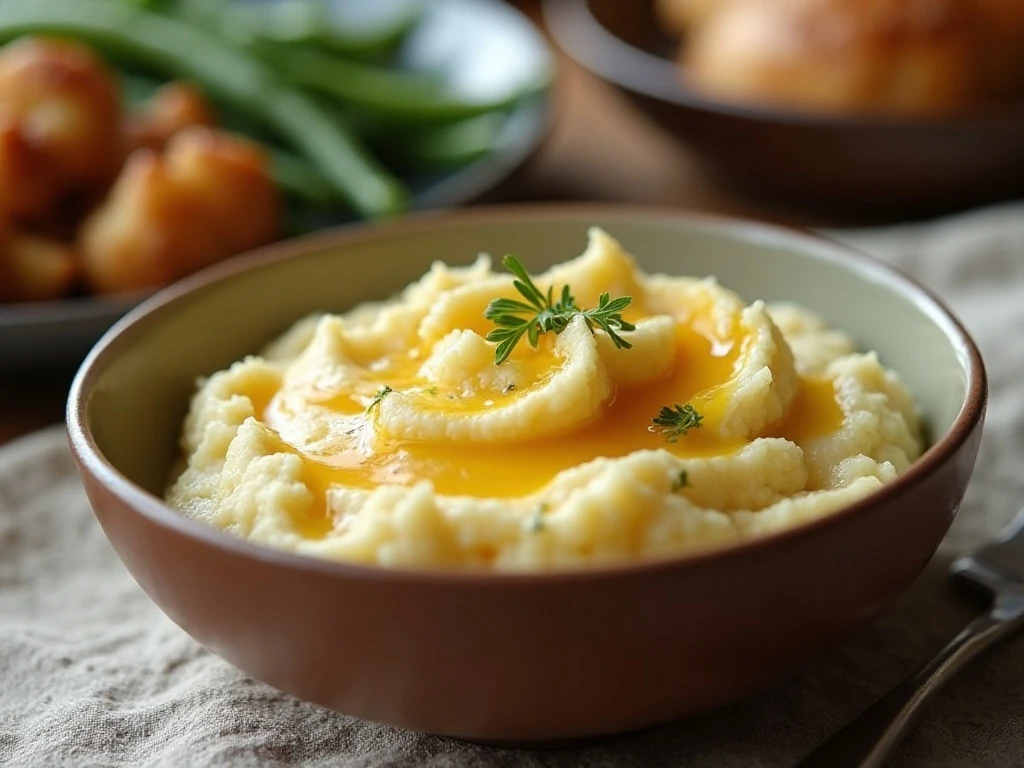 Creamy browned butter garlic mashed cauliflower served as a comforting side dish