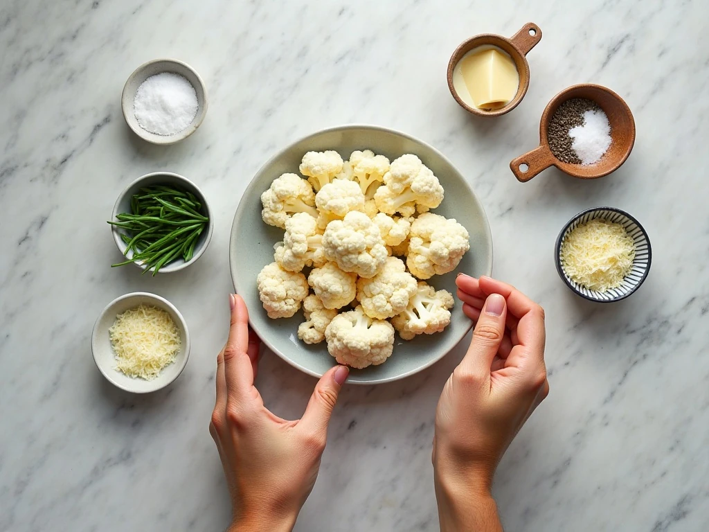 Ingredients for browned butter garlic mashed cauliflower
